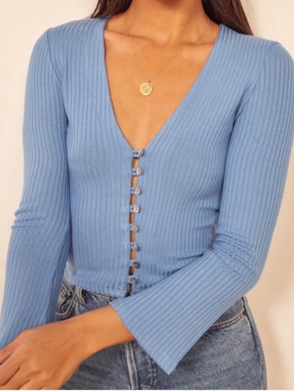 Reformation Cornflower Blue Ribbed V-Neck Top - Picture 5 of 6